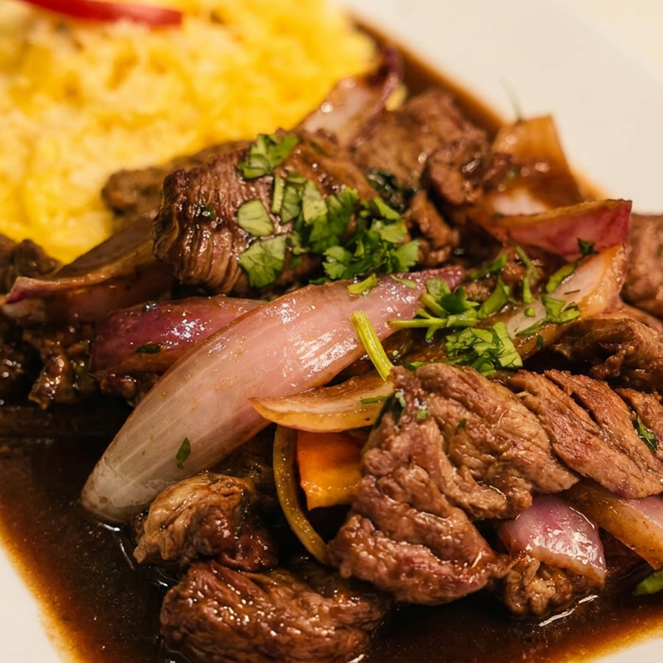 Peruvian Lomo Saltado with beef, red onions, and cilantro, served with yellow noodles.
