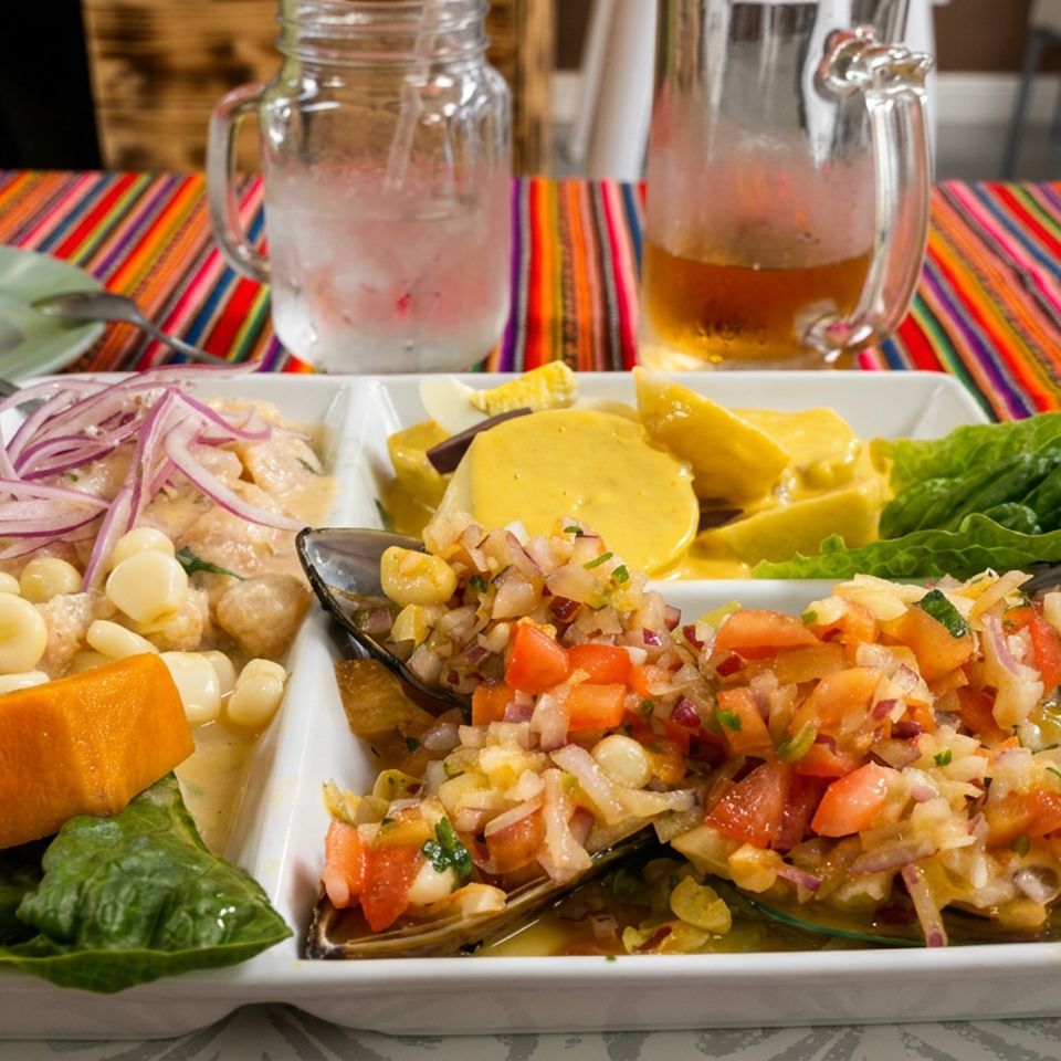 A Peruvian sampler platter with ceviche, mussels, and other dishes on a colorful striped tablecloth.
