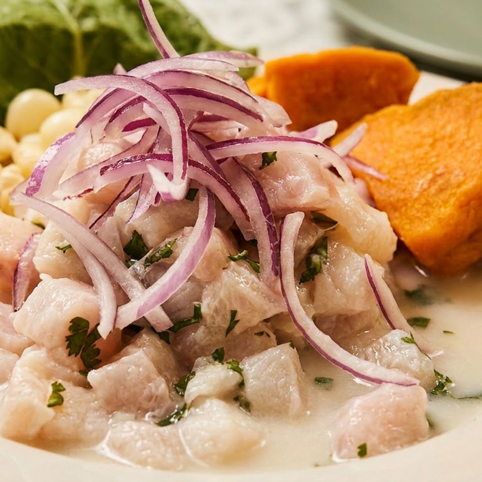Peruvian ceviche with white fish, red onions, corn, sweet potato, and green lettuce.
